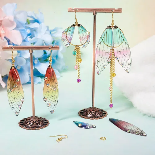 Miniatura 2 de FASHEWELRY 16 aretes de resina con alas de libélula y arco iris, mariposa, colgantes, alas de hada, coloridos dijes con ganchos para aretes, anillos