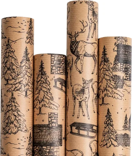Miniatura 10 de RUSPEPA - Papel para envolver regalos de Navidad, papel kraft – diseños de ciervos, copos de nieve y cuadros – 4 rollos – 30 pulgadas x 10 pies por