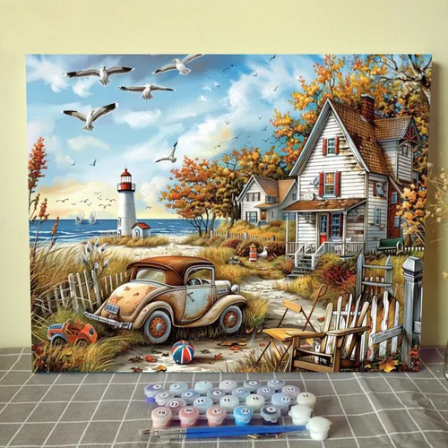 Miniatura 30 de Kit de pintura al óleo para ventana de playa, paisaje, por números, 16 x 20 pulgadas, lienzo, flores, paisaje, bricolaje, pintura al óleo para Pbn