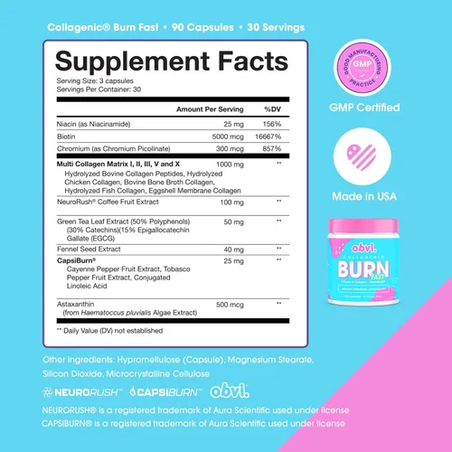 Miniatura 5 de Obvi Multi Collagen Burn Fast Péptidos de colágeno hidrolizados tipos I, II, III, V, X Keto y sin gluten 30 porciones