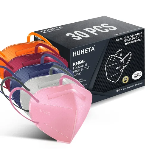 HUHETA Mascarilla KN95, paquete de 30 unidades envueltas individualmente, mascarilla de seguridad de 5 capas transpirable y cómoda, eficiencia de