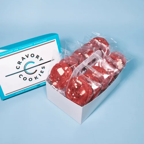 The Cravory: Galletas Red Velvet - 24 galletas, 2.0 onzas cada una, envueltas individualmente, gourmet, horneadas frescas, postres, aperitivos o