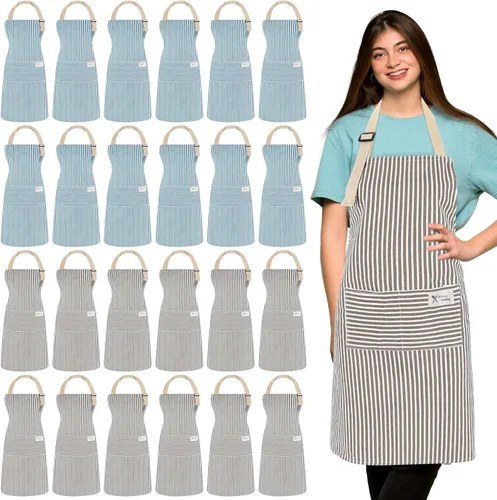 Miniatura 18 de Janmercy 24 delantales para mujeres y hombres con 2 bolsillos, delantal de cocina de lino, delantal ajustable para chef, delantales a granel unisex