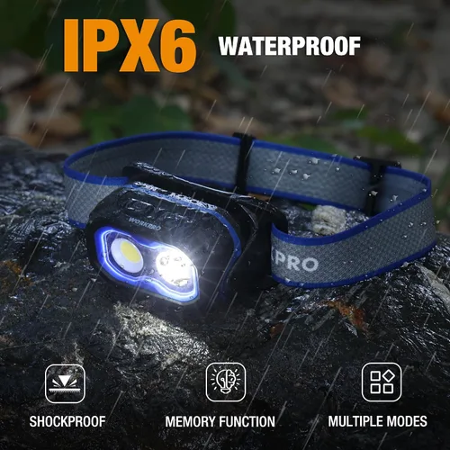 Miniatura 6 de WORKPRO 1200LM Linterna recargable para cabeza, súper brillante con luz blanca y roja, sensor de movimiento, función de memoria, luz frontal a