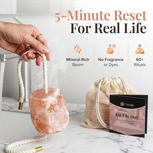 Miniatura 3 de UMAID Roca de sal rosa del Himalaya para ducha y baño - Salt Buddy™ Piedra mineral colgante de 2 libras para relajación inspirada en el spa, cuidado