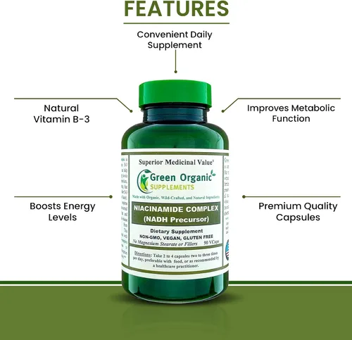 Miniatura 2 de Green Organic Supplements Niacinamida, niacina, NAD, NADH, alta absorción, sin OMG, sin gluten (paquete de 4)