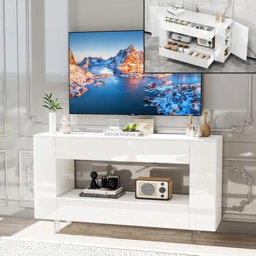 Miniatura 15 de Mueble de TV de alto brillo con 2 cajones grandes y puertas abiertas, moderno mueble de almacenamiento para consola de TV para sala de estar, Negro