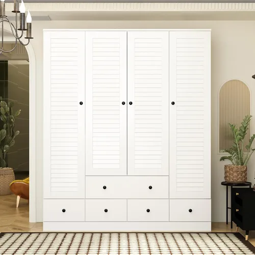 Miniatura 4 de AGOTENI Armario Ropero con 4 Puertas de Persiana y 2 Varillas para Colgar, Gabinete de Almacenamiento de Ropa de Madera con 5 Cajones y Estantes