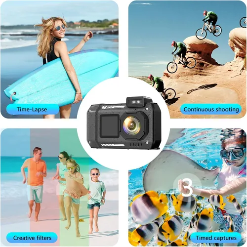 Miniatura 7 de Cámara Digital Impermeable 8K para Esnórquel: 70MP 33FT Cámara Subacuática Compacta Resistente HD de Doble Pantalla con Zoom de 18X Selfie, Tarjeta