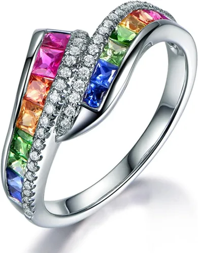 Miniatura 75 de Narica Anillo de 21 piedras chapadas en plata, apilables, corte redondo, zafiro azul, circonita cúbica, relleno de circonita cúbica, halo