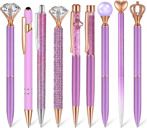 Miniatura 15 de Janmini Juego de 9 bolígrafos de punta de bola de metal con diamantes de cristal y purpurina para diario, tinta negra, cosas bonitas y lindas