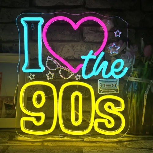 Looklight Letrero de neón con texto en inglés "I Love the 90s", regulable, de regreso a los 90, para decoración de pared, letrero de luz de neón