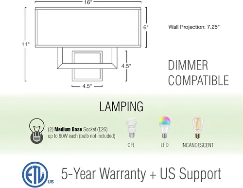 Miniatura 4 de Kira Home Haven - Lámpara de pared moderna de 16 pulgadas, 2 luces + pantalla rectangular de tela blanca, acabado de níquel cepillado