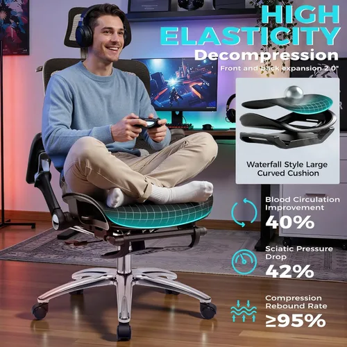 Miniatura 8 de Ergonomic Mesh Office Chair with Footrest, Big and Tall Home Desk Chair with 5D Flip-Up Arms, Adjustable Lumbar Support, Gaming & Executive Computer