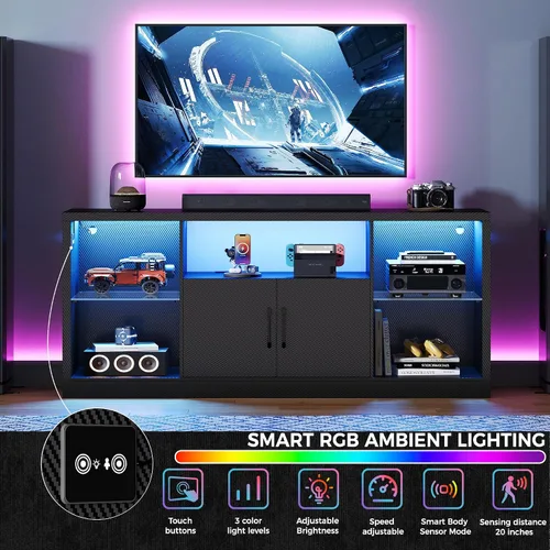 Miniatura 6 de IRONCK Soporte de TV para televisores de 65 pulgadas con toma de corriente y luces LED, centro de entretenimiento de fibra de carbono con gabinetes