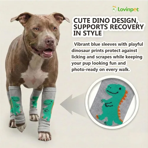 Miniatura 4 de LovinPet Paquete de 4 rodilleras para perro, calentadores de piernas estilo dinosaurio para perros medianos y grandes, elásticos en 4 direcciones