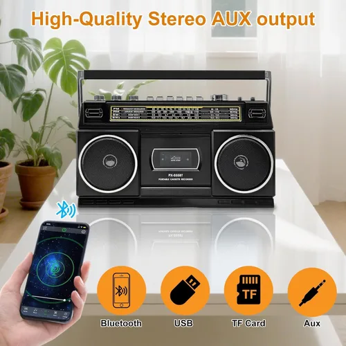 Miniatura 6 de Reproductor de casete Boombox con Bluetooth, radio AM/FM/SW y grabación a USB, sonido estéreo de 24 W, 4 modos de alimentación, estéreo retro