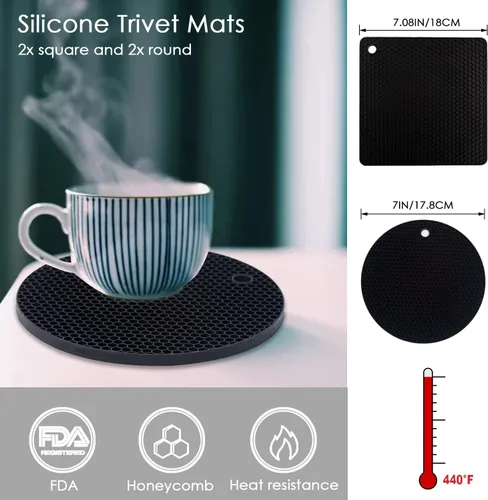 Miniatura 5 de Paquete de 4 salvamanteles de silicona para ollas y sartenes calientes, soportes negros para ollas calientes, tapetes de silicona antideslizantes