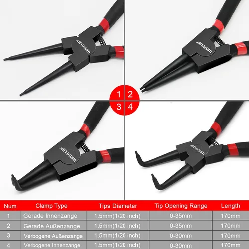 Miniatura 5 de WISEUP Juego de alicates de anillo a presión, 4 piezas de 7 pulgadas, kit de alicates de circlip interno/externo de 7 pulgadas, puntas de mandíbula