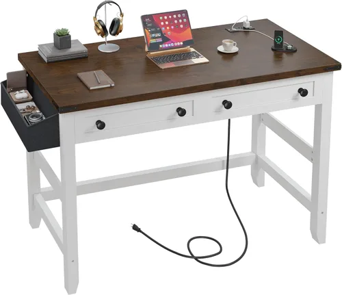 Miniatura 8 de EnHomee Escritorio rústico de 32 pulgadas, escritorio pequeño para dormitorio con toma de corriente y bolsa de almacenamiento, escritorio resistente