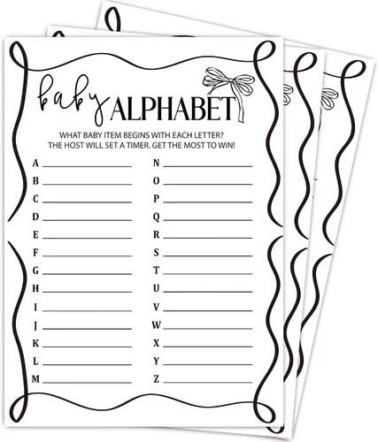 Juegos del alfabeto del bebé, tarjetas divertidas de juegos de baby shower, 25 tarjetas de género neutro, kit de suministros para fiesta de