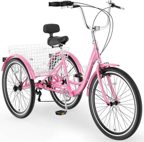 Miniatura 14 de MOONCOOL Triciclos para adultos de 3 ruedas y 7 velocidades, triciclos para adultos de 20/24/26 pulgadas, bicicleta de 3 ruedas con cesta para Plume