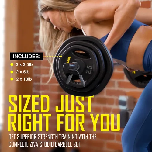 Miniatura 6 de ZIVA Juego de pesas de 35 libras para estudio, kit de gimnasio en casa ajustable con placas de uretano de goma estándar, barra cromada de 5 pies