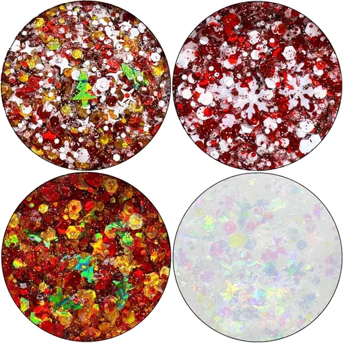 Miniatura 4 de Gel con purpurina para el cuerpo navideño, 4 colores, 8.5 onzas, holográfico, grueso, sirena, iridiscente, láser, estrella, flor y hojas
