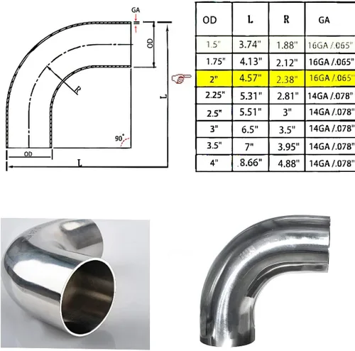 Miniatura 3 de Codo de Mandril de 90 Grados de Acero Inoxidable de 2" - Pared 16GA/.065" - Tramo de 1.5" - Tubería de Codo de Escape de Acero Inoxidable SS304
