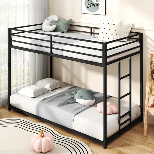 Miniatura 10 de Zevemomo - Litera de cama individual sobre cama matrimonial, literas de metal de bajo perfil con barandilla de seguridad de longitud completa