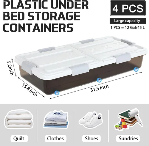 Miniatura 2 de Beeveer Contenedor de plástico para guardar debajo de la cama, 4 unidades, con tapa de doble apertura, asa de rueda, transparente, de gran Marrón