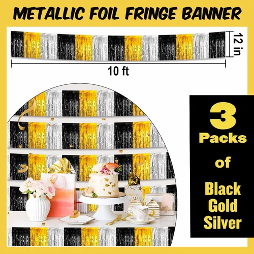 Miniatura 2 de Paquete de 3 guirnaldas de flecos de papel de aluminio negro dorado plateado de 10 pies con serpentinas metálicas de oropel para colgar en la pared