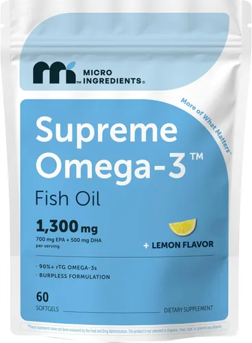 Micro Ingredients Supreme Omega-3 Aceite de pescado con EPA y DHA ultra altos, cápsulas blandas sin eructos | rTG Omega-3 con vitamina D3 | Pescado