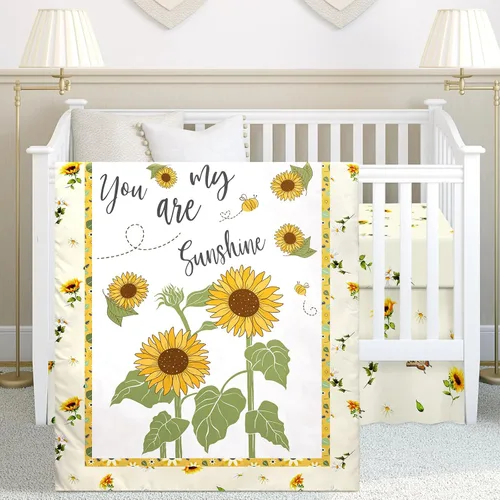 Mixweer Juego de ropa de cama para cuna de bebé, 3 piezas, diseño de abeja de girasol, sábanas amarillas para cuna con texto en inglés "You Are My