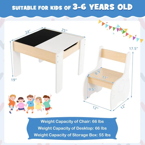 Miniatura 9 de HONEY JOY Juego de mesa y silla para niños, mesa de actividades de madera 4 en 1 y 2 sillas para manualidades artísticas, pizarra reversible, 3