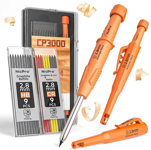 Miniatura 8 de Nicpro Lápiz de carpintero con sacapuntas, lápices mecánicos de carpintero CP3000 con 19 recargas, marcador de agujero profundo para construcción