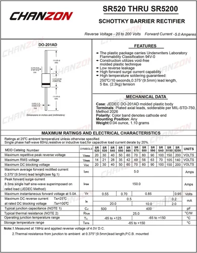 Miniatura 2 de Paquete de 20 unidades Chanzon SR5100 (SB5100) diodos rectificadores de barrera Schottky 5A 100V DO-201AD (DO-27) axial 5 amperios 100 voltios