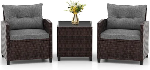 Miniatura 20 de RELAX4LIFE Juego de muebles de patio de 3 piezas, juego de conversación de mimbre con 2 sillones acolchados y mesa con tapa de cristal, juego