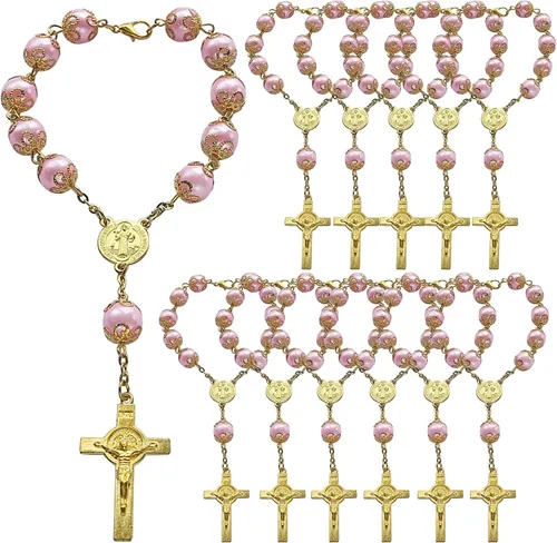 Rosario de 12 piezas de perlas de imitación rosas para niña, recuerdo para bautizo, primera comunión, bautismo, boda, dulce 15 - Recuerdos para