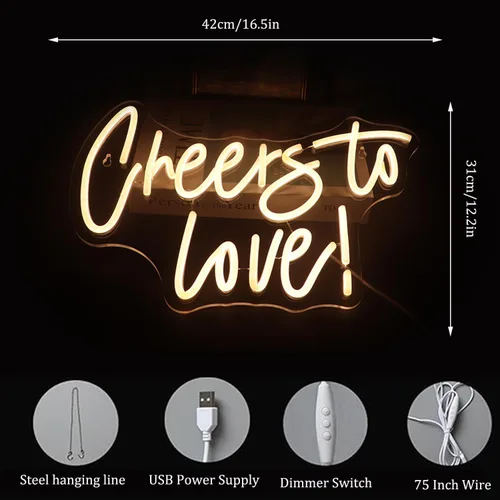 Miniatura 5 de QiaoFei Letrero LED de neón con texto en inglés «Cheers To Love» alimentado por USB con regulador de intensidad, luces de neón para habitación