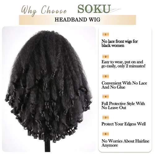 Miniatura 3 de SOKU Nueva peluca rizada afro con diadema, textura de cabello sintético trenzado con rizos únicos en el extremo, negro de 20 pulgadas, pelucas
