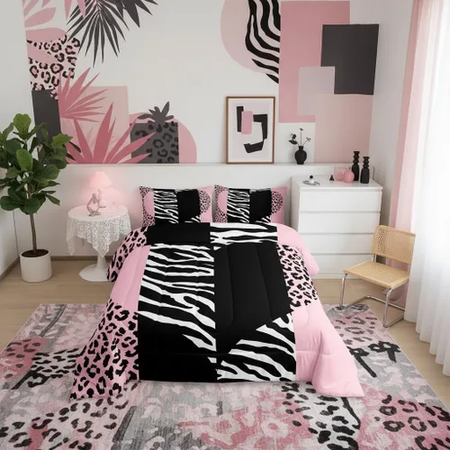 Miniatura 6 de Castle Fairy Juego de edredón con estampado de leopardo rosa y negro, juego de colcha de retazos de piel de cebra, tamaño King, para niños, niñas