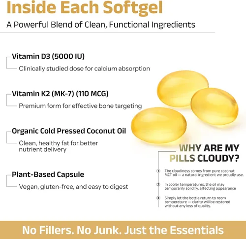Miniatura 3 de Vitamina D3+K2 con aceite de coco, vitamina D vegana de 5,000 UI y MK7 Vitamina K 110mcg para apoyo óseo, corazón e inmunológico, sin OMG, probado