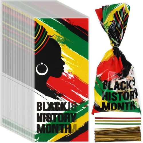 Zhanmai 150 bolsas de celofán del mes de la historia negra, bolsas de regalo transparentes de galletas con giro para suministros de fiesta de