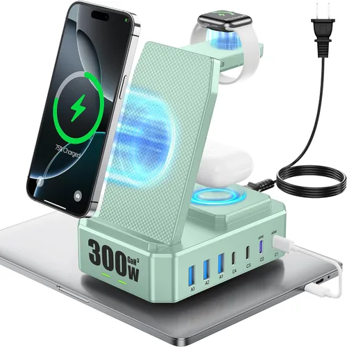 Miniatura 10 de Estación de carga de 300W para múltiples dispositivos Apple, cargador inalámbrico 10 en 1 para iPhone, soporte de carga rápida PD 65W USB C GaN III