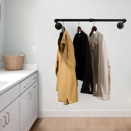 Miniatura 5 de WEBI Perchero de montaje en pared, 24 pulgadas de tubería industrial para colgar ropa, barra de hierro resistente, barra de ropa de exhibición al