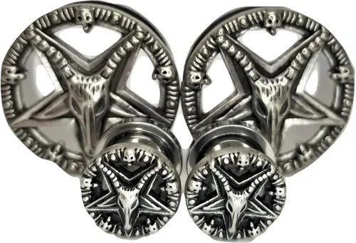 Miniatura 3 de Pierced Republic Baphomet - Tapones para los oídos con pentagrama, de acero inoxidable, 8 tamaños, par - nuevo