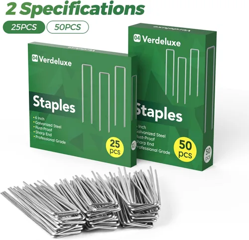 Miniatura 7 de Verdeluxe Paquete de 50 grapas de jardín, estacas de jardín galvanizadas en forma de U de calibre 11 de 6 pulgadas, estacas de césped resistentes