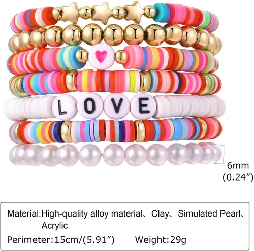 Miniatura 5 de Pulsera elástica de cuentas Surfer para mujer, juego de cuentas coloridas ajustables, pulseras Y2K con dije de corazón y estrella, para verano