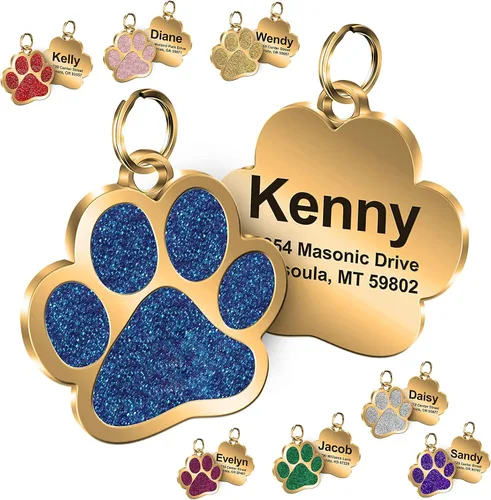 Placas de identificación de mascotas en forma de pata personalizadas. Suministros para mascotas con brillantina. Graba el nombre y el número. Un
